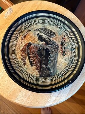 Decorative Black Greek-Style Wall Plate with Bronze and Cream Accents-vintage